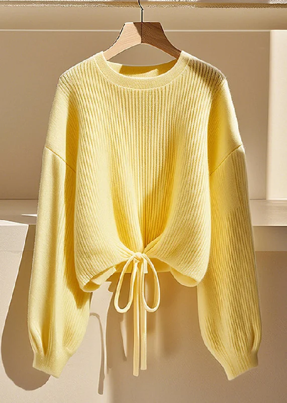 Art Yellow O Neck Lace Up Solid Knit Sweater Fall