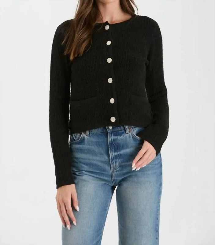 Round Neck Gold Button Knit Cardigan In Black