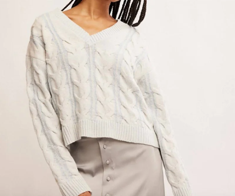 Washed Cable V Neck Sweater In Pale Blue