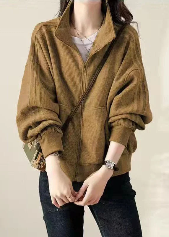 Women Khaki Zip Up Pockets Patchwork Cotton Coat Fall