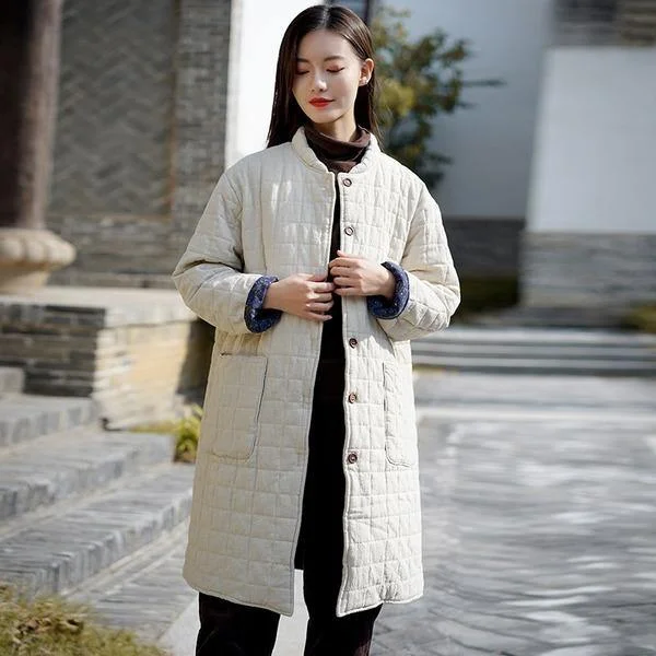 Women Thick Plaid Parkas Vintage Stand Coats Winter New Pockets Button Parkas Coats