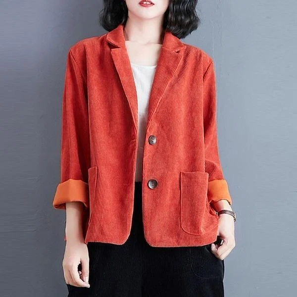 Women Vintage Corduroy Casual Jackets New Arrival 2020 Simple Style Turn-down Collar  Coats