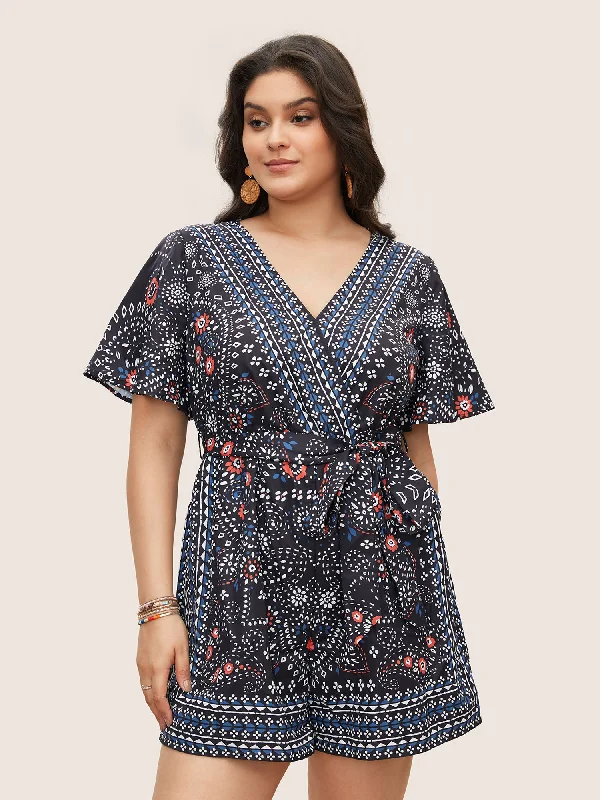 Bandana Print Belted Pocket Surplice Neck Romper