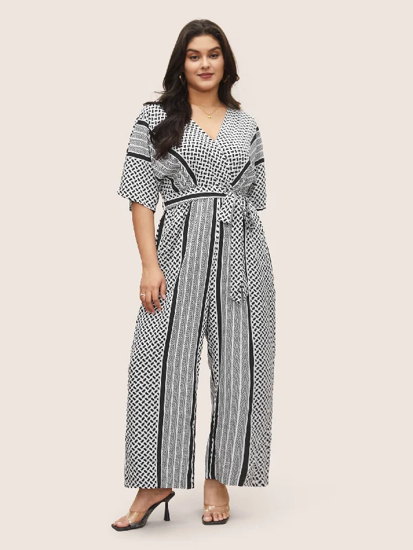 Geometric Contrast Dolman Sleeve Pocket Belted Wrap Jumpsuit