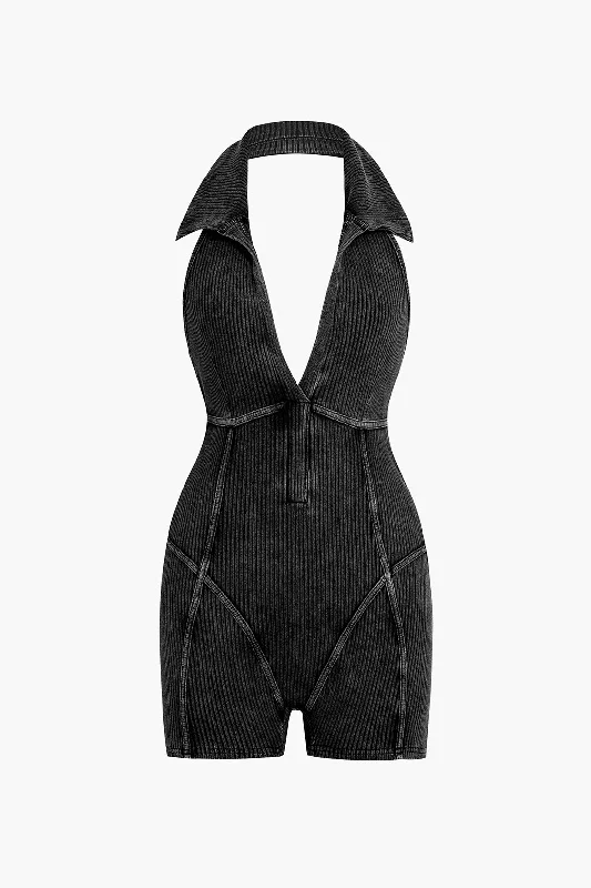 Distressed Backless Halter V-neck Romper