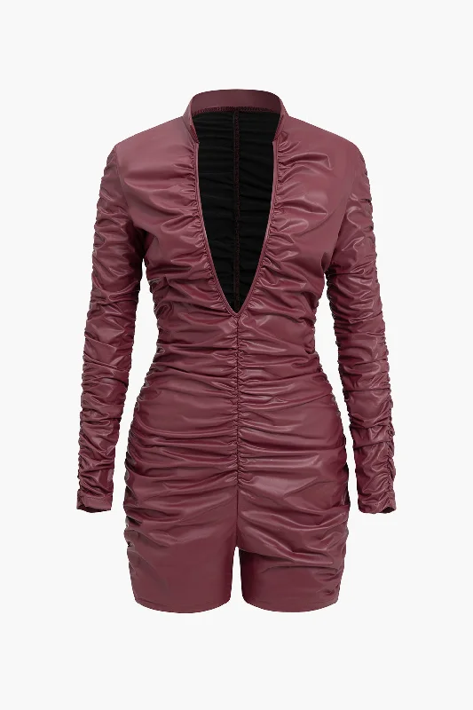 Solid Ruched High Elastic Leather Romper