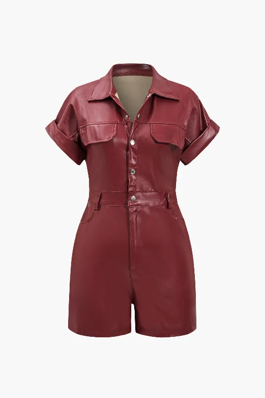 Faux Leather Button Pocket Romper