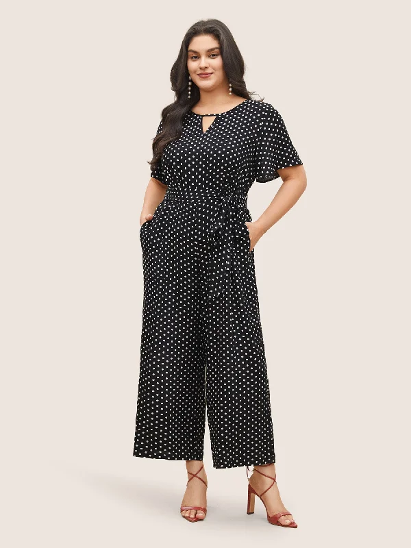 Polka Dot Cut Out Zipper Belted Jumpsuit