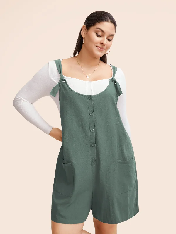 Solid Pocket Button Detail Knot Shoulder Overall Romper