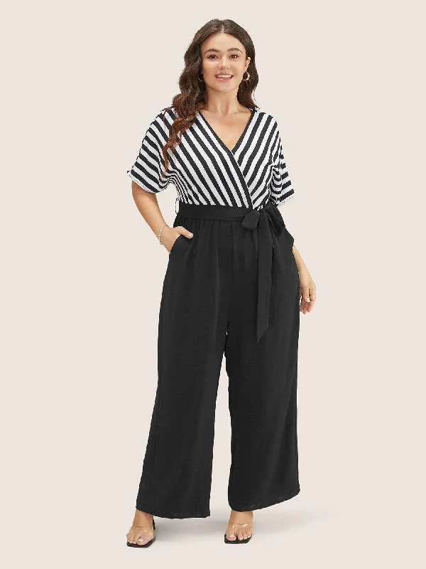 Striped Patchwork Pocket Batwing Sleeve Belted Wrap Jumpsuit