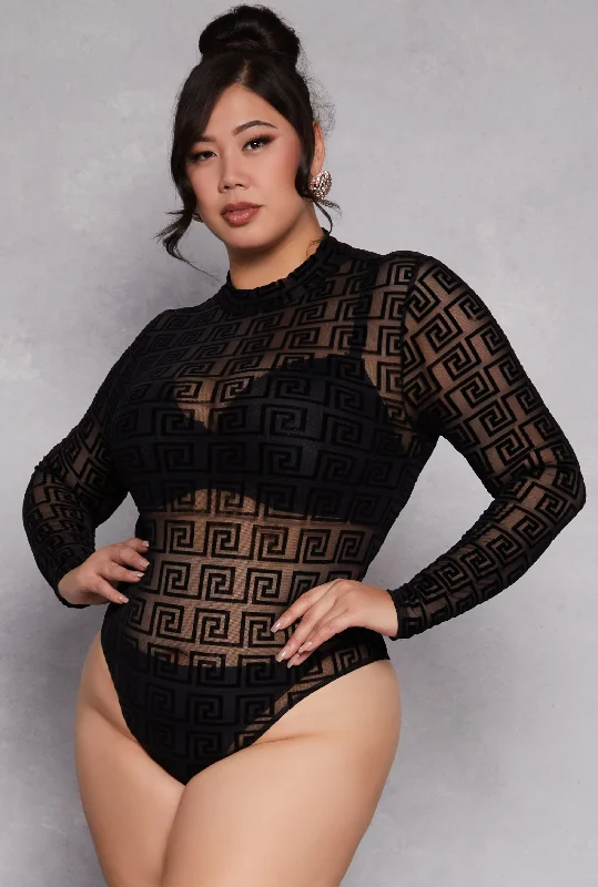 Plus Size Mesh Velvet Burnout Greek Key Bodysuit