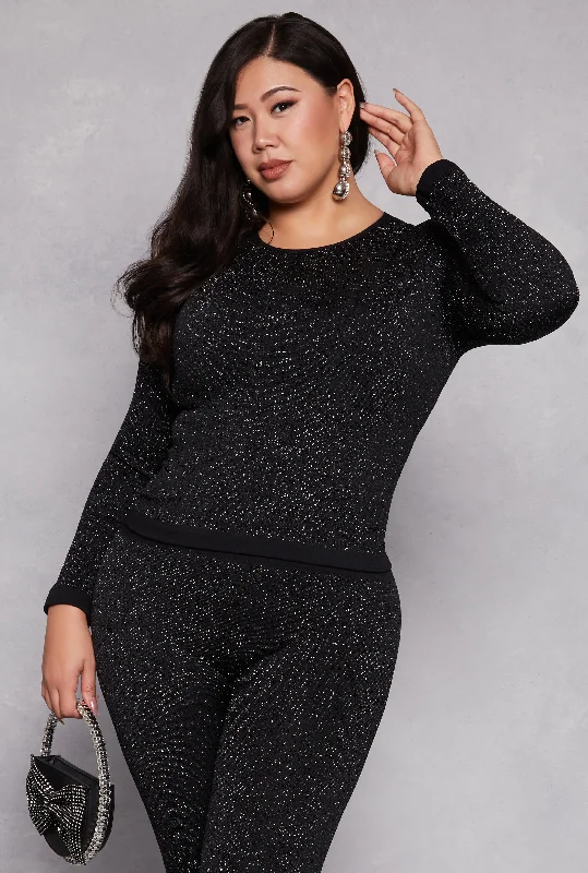 Plus Size Lurex Seamless Ribbed Long Sleeve Top