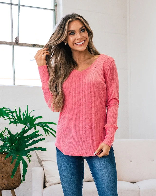 Ariel Waffle Knit V Neck Top - Candy Pink FINAL SALE