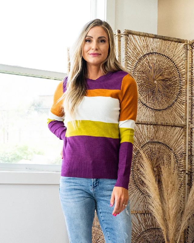 Tatiana Waffle Knit Striped Sweater - Plum, Copper & Chartreuse