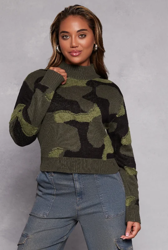 Camo Mock Neck Pullover Sweater