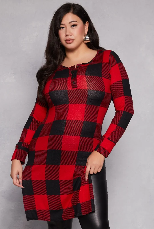 Plus Size Buffalo Plaid Henley Tunic Top