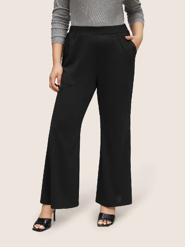 Solid Elastic Waist Pocket Flare Leg Pants