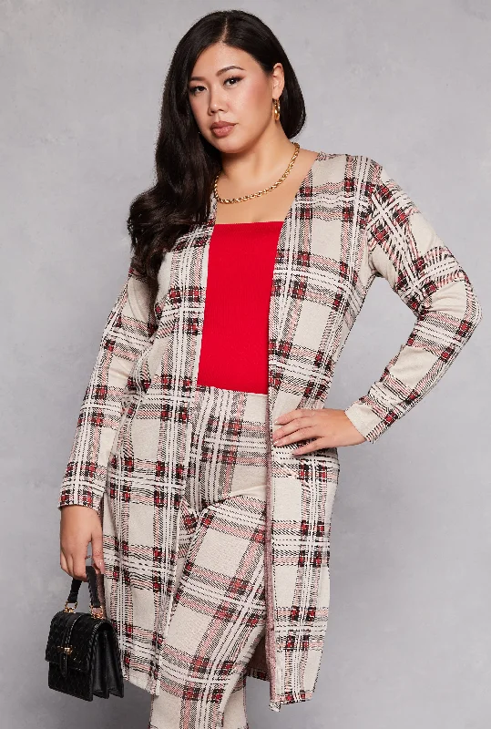 Plus Size Plaid Side Slit Duster