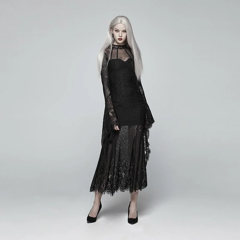 Women's Goth Translucence Long Sleeved Floral Lace Maxi Dress